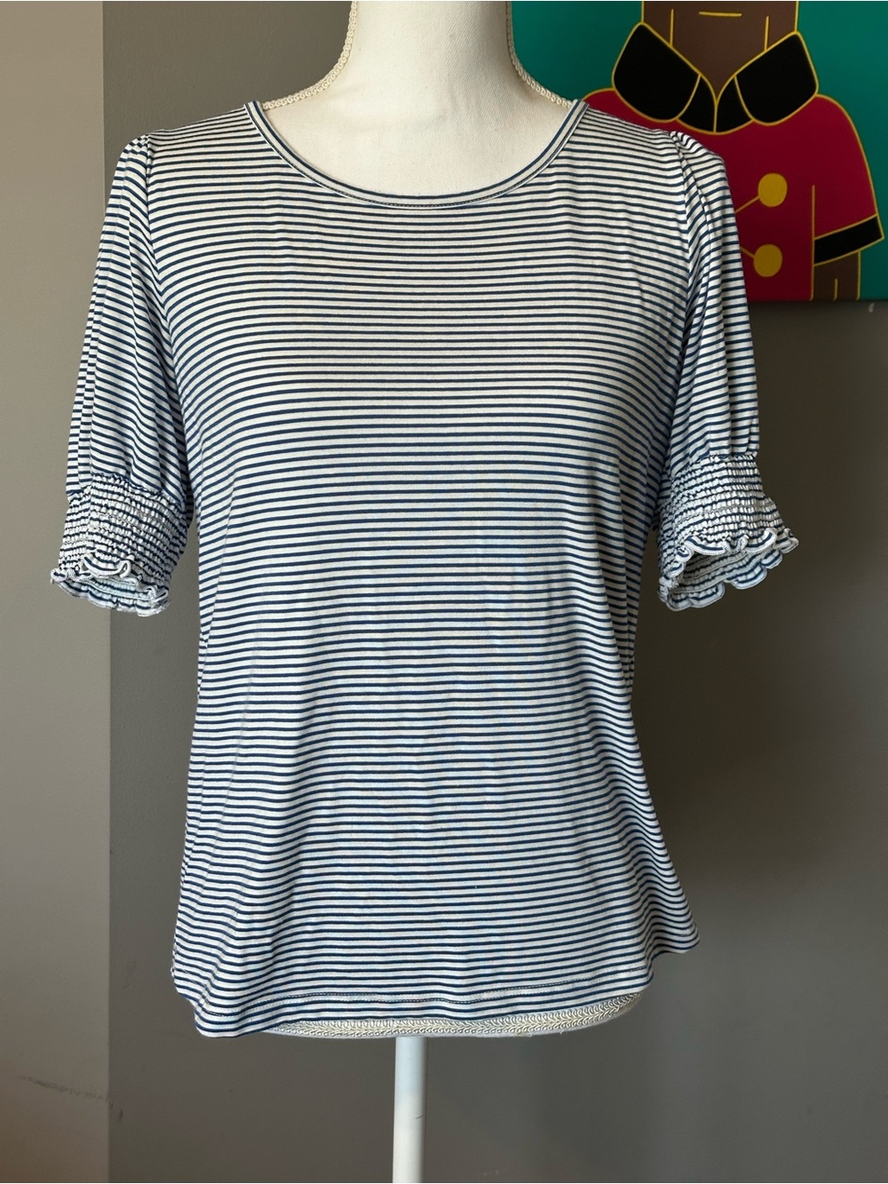Staccato Navy and White Striped Ruffle-Sleeve Top